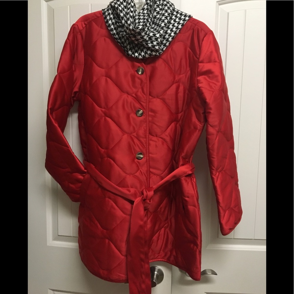 GAP Red Quilted Belted Coat with Houndstooth Scarf
